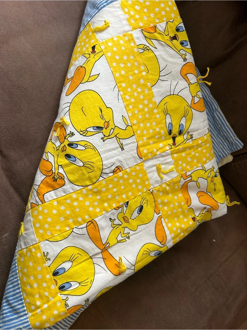 Yellow Tweety Patchwork Baby Quilt with Blue Stripe Border